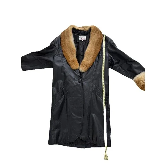 Vintage Black Leather Coat Real Fur Collar Cuffs Womens Made in Korea Sz L